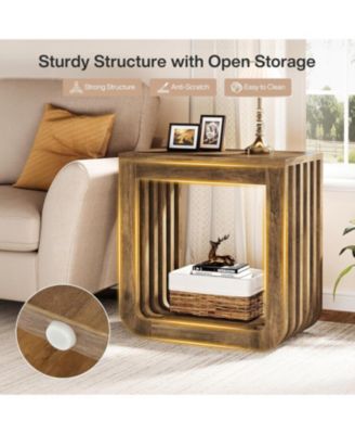 Side Table Set of 2, Farmhouse Narrow End Table with Slatted Open Frame, Wooden Rustic Accent Sofa Side Table