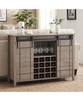 Farmhouse Bar Cabinet with Sliding Barn Doors, Rustic Liquor & Coffee Station with Wine Glass Racks & Adjustable Shelves