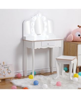 Kids Vanity Table and Chair Set with 3 Mirrors, LED Light & Drawer, Wooden Makeup Set
