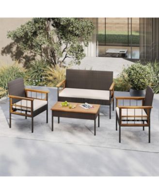 Set of 4 Wicker Furniture Set w/Acacia Wood Tabletop Armrests Cushions for Backyard