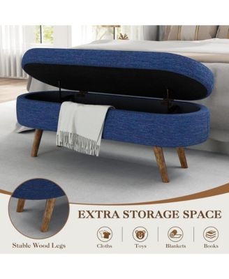 Oval Storage Ottoman Bench - Upholstered End of Bed Bench with Safety Hinge Flip Top and Solid Wood Legs for Bedroom