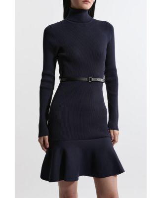 Women's Roll Neck Belted Flippy Hem Mini Dress