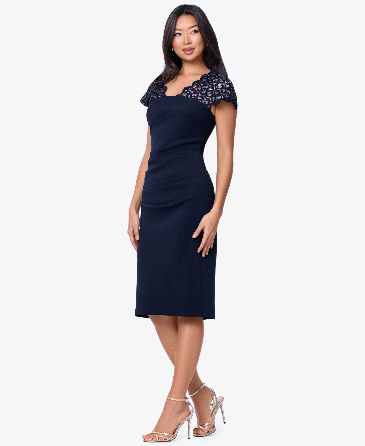 Женское платье B&A By Betsy and Adam V-Neck Long, цвет: Тёмно-синий / Телесный — фото 2