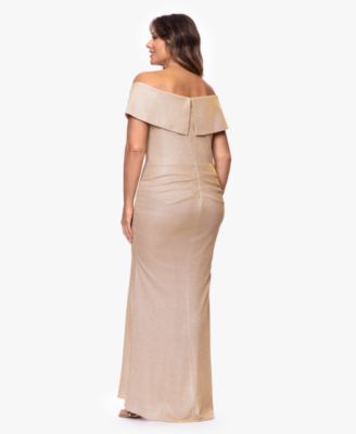  Plus Size Foil Knit Off-The-Shoulder Ruffle Gown