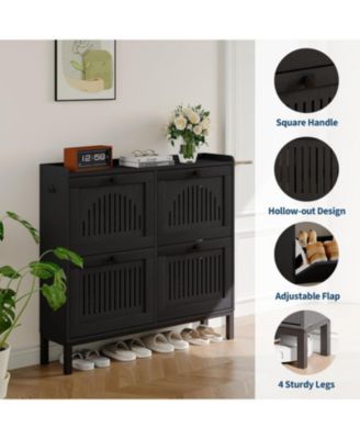 Shoe Storage Cabinet with 4 Flip Drawer, Shoes Organizer with Hollow Out Panel & Square Handles