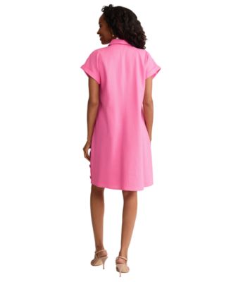 Women's Short-Sleeve Collared Linen-Blend V-Neck Dress