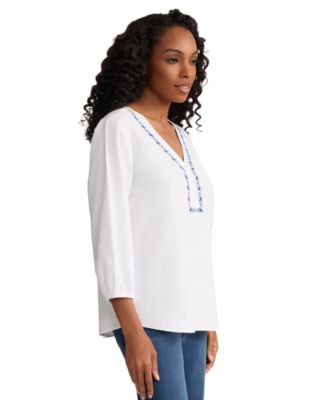 Women's V-Neck Linen-Blend Popover Top
