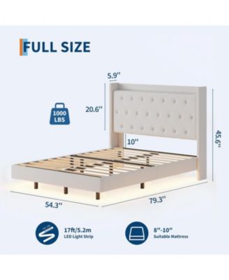 Modern Full Floating Bed Frame RGB LED Lights Fabric Wingback Storage Headboard No Box Spring