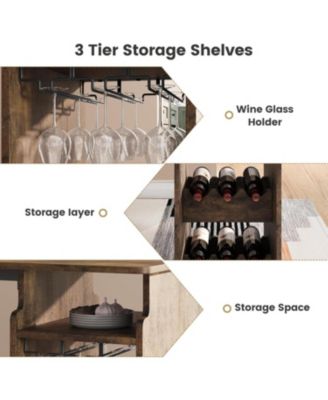 Bar Table and Chairs Set for 2, Vintage Pub Table w/Triple-Tier Wine Rack & Glass Holder, Velvet Seats for Small Spaces