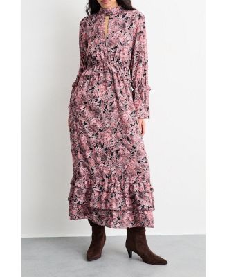 Women's Chiffon Shirred High Neck Midi Dress