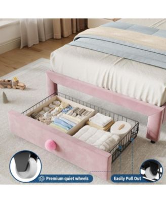 Upholstered Kids Platform Bed Frame with Headboard Storage Drawer Quiet Wood Slats Easy Build No Box Spring Needed