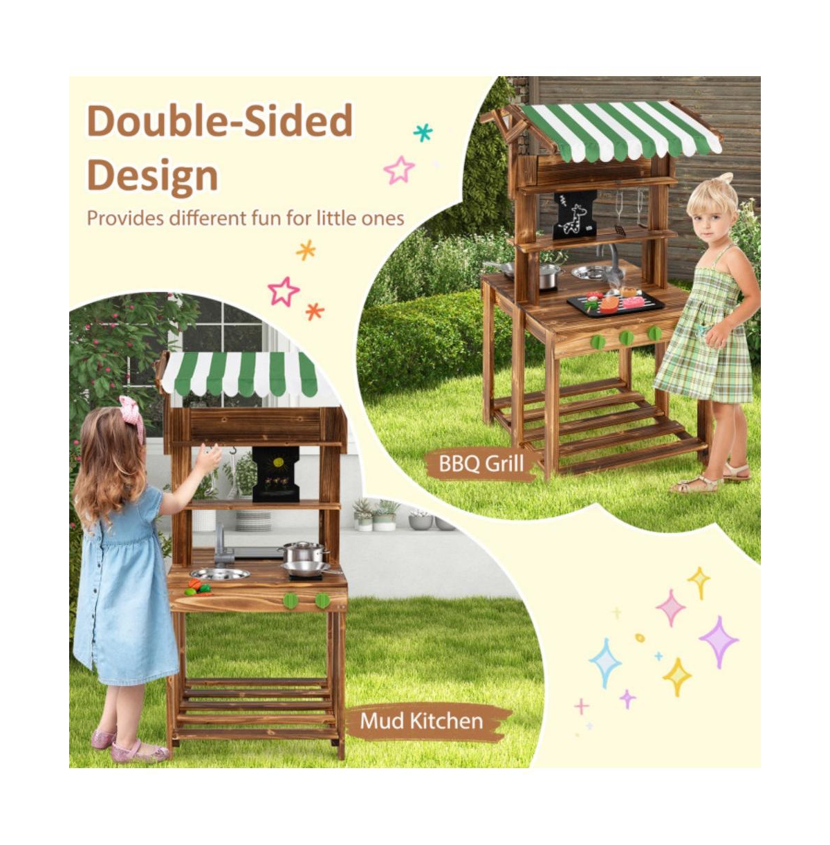 Hongge Double Sided Mud Kitchen with Canopy and Chalkboard for 3+ Years Old