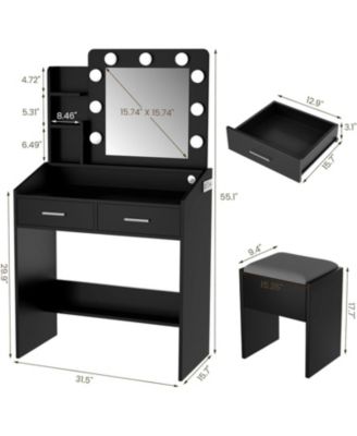 Modern Vanity Desk with Large Mirror, Dimmable LED Lights, Power Outlet, 7 Drawers & Cushioned Stool