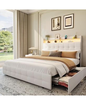 Full Size Bed Frame with 2 Storage Drawers, Upholstered Bed Frame Full LED Light, Double-Layer Bedside Headboard Charging Socket USB