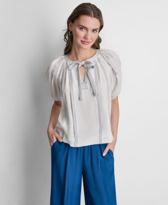 Women's Puff-Sleeve Top Stitch Tie-Front Top