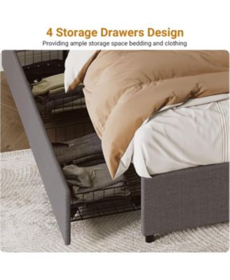 King Platform Bed Frame 4 Drawers Linen Upholstery Wood Slats No Box Spring Needed Noise Free Easy