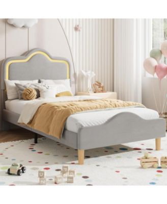 Twin Upholstered LED Platform Bed with Adjustable Headboard Footboard Velvet Princess Bed Kids Wood Slats