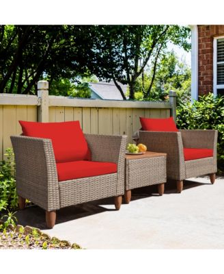 3PCS Rattan Patio Conversation Furniture Set w/ Wooden Feet Cushions
