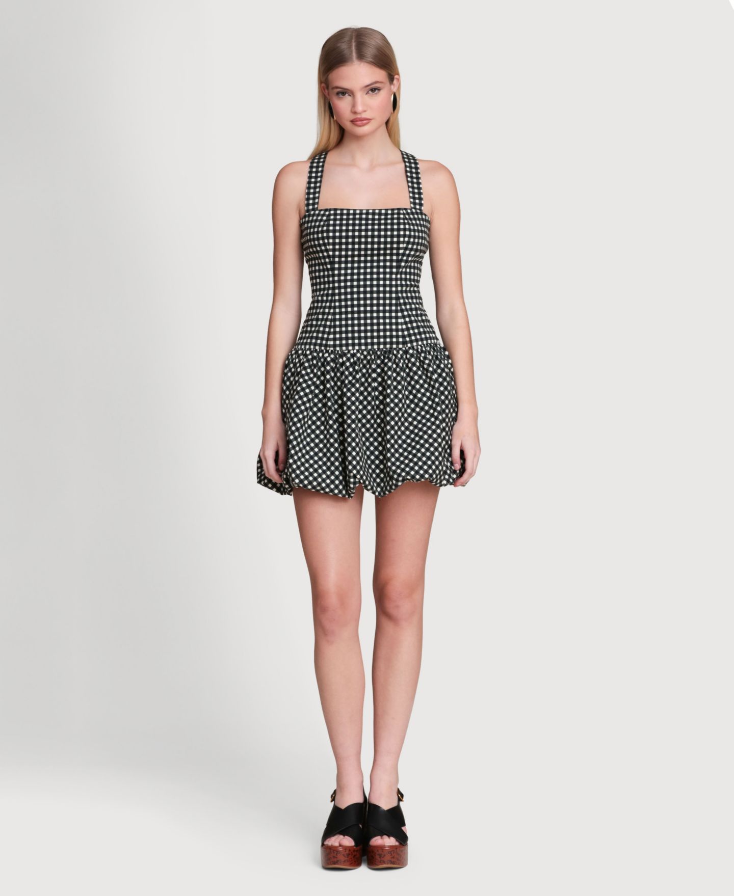 Женское платье Avec Les Filles Drop Waist Bubble Hem Mini, цвет: Чёрный / Кремовый в мелкую клетку — фото 1