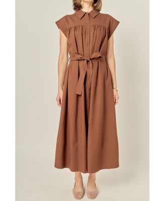 Women's Linen Belted Midi Dress