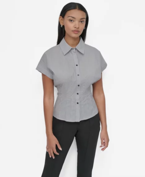 Petite Collared Cap-Sleeve Blouse - Blk/wht St