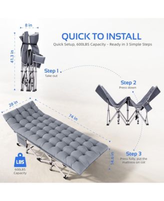 Folding Camping Cot with Removable Cotton Mattress for Office, Home and Beach, 600 lbs