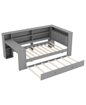 Twin Wood Platform Bed with Storage, Trundle, Charging Ports, LED Lighting, and Desk Headboard