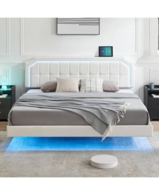 Floating Bed Frame, King Size Floating Bed Frame with RGB Led Light Headboard, Upholstered Platform Metal Bed Frame, No Box