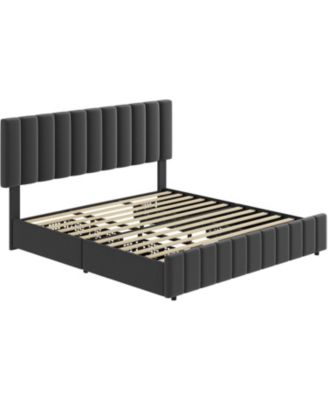 King Bed Frame Upholstered Headboard 4 Drawers Platform Adjustable Headboard Wood Slats No Box Spring