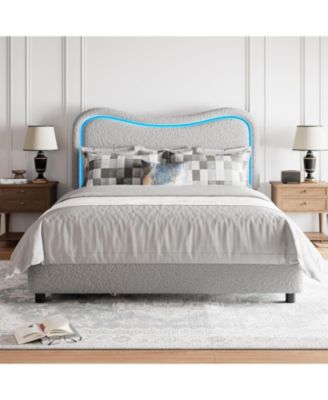Boucle Upholstered Queen Bed Frame with Headboard Soft Cloud Bed Thick Footboard Rounded Corners No Box Spring