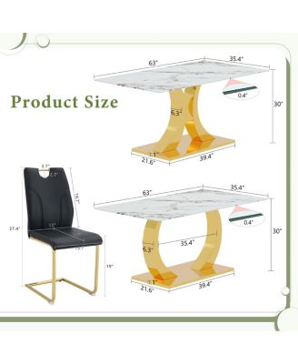 Streamdale Marble-patterned glass dining set with gold accents: 63-inch foldable table & 4 armchairs