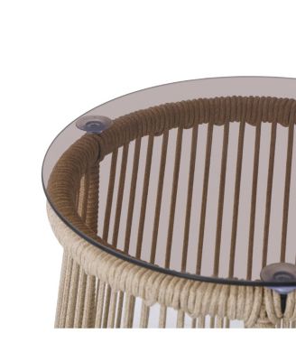 Outdoor Rope Weave Tempered Glass Top Side Table