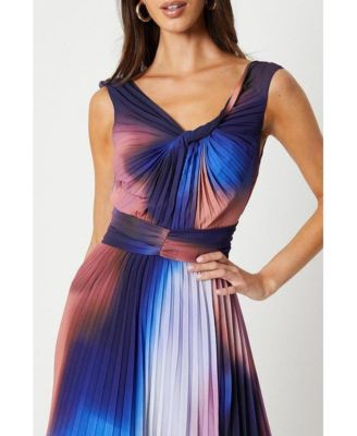 Women's Printed Pleated V-Neck Midi Dress