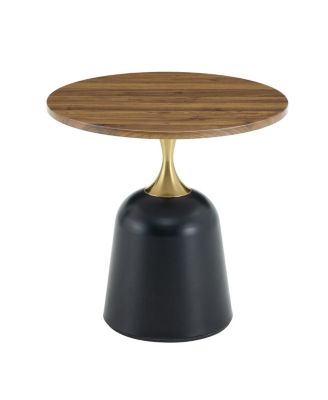 Circular side table with metal base and walnut wood grain