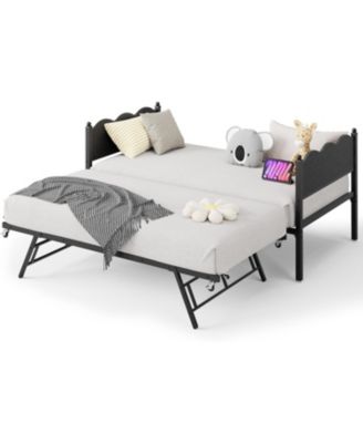Twin Daybed with Trundle, Industrial Wood Grain Headboard, Steel Slats Support Sofa Bed for Bedroom, Living Room