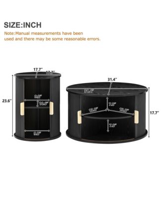 Mid-Century Coffee Table Set, Round Fluted End Table With Storage, Golden Handle and Sliding Tambour Door, Side Table for Living Room