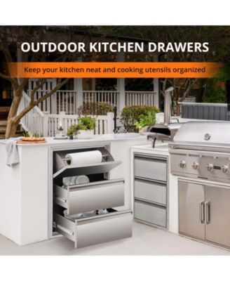 Outdoor Kitchen Drawers with Paper Towel Holder, Stainless Steel 3-Layer BBQ Drawers, Silver