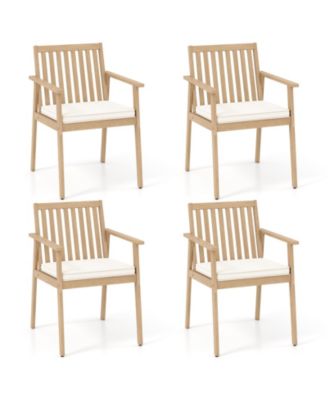 4 PCS Patio Dining Chairs w/ Removable Padded Cushion Armrests & Teak Oil Finish