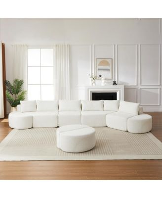 Modular chenille sofa set with 6 pillows, 4 footstools