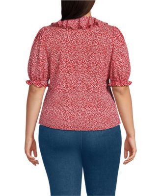 Plus Size Women's Puff Sleeve Slub Ruffle Pintuck Top