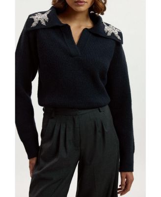 Women's Embellished Collar V Neck Knit Sweater