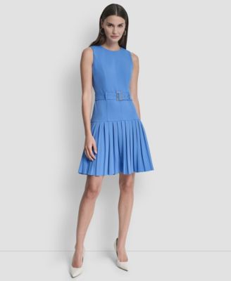 Women's Sleeveless Jewel Neck Pleated Drop Waist Mini Dress