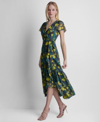 Women's Flutter-Sleeve Faux Wrap Ruffle Hem Midi Dress