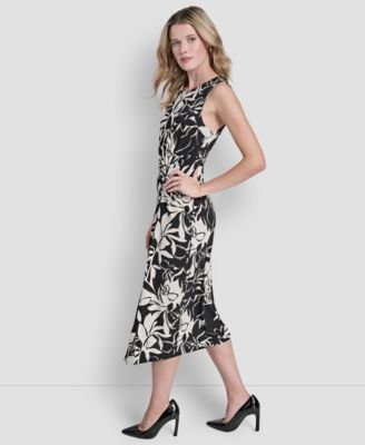 Women's Sleeveless Jewel Neck Side Knot Floral Midi Dress
