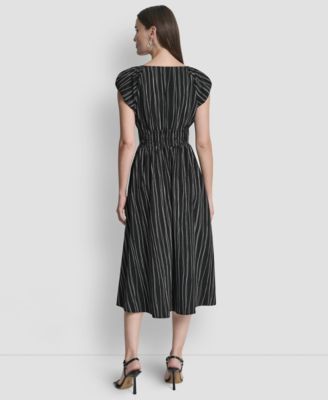 Women's Short Puff-Sleeve Striped Jewel Neck Midi Dress