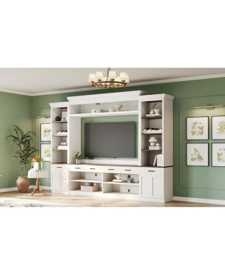 Farmhouse 4-Piece Entertainment Center with Bookshelf, Walnut TV Stand