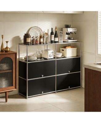 Multi-Purpose Storage Cabinet with Double Drawers and Open Display Shelf, Modern Metal Frame Console for Entryway or Living Room