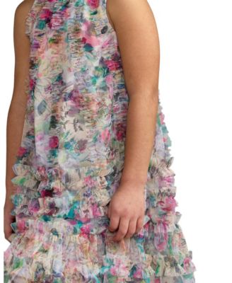 Girls Mesh Floral Print A-Line Dress