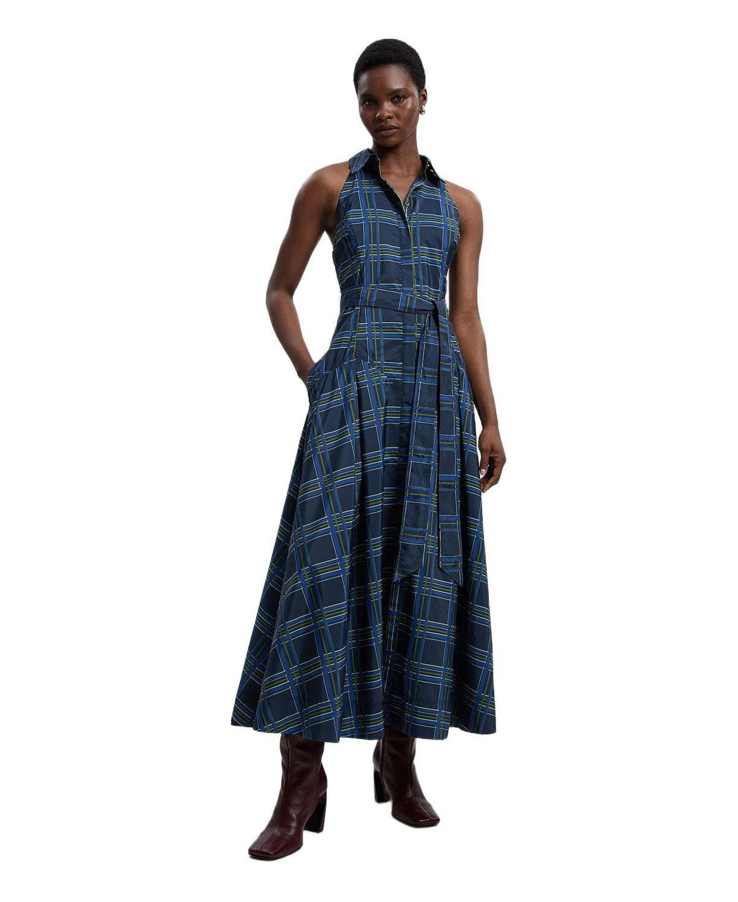 Женское платье Karen Millen Check Taffeta Belted Maxi Shirt Dress, цвет: Тёмно-синий — фото 1