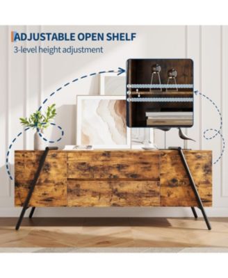 Modern TV Stand, Wood Entertainment Center, 2 Drawers, Side Open Shelves, U-Shaped Metal Base, Fits up to 65".